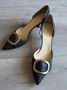 Prada Black Pointed D'Orsay Pumps with Silver Buckle